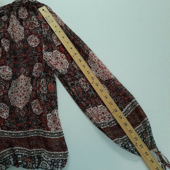 Lucky Brand Blouse Women Med Brown Black Paisley Midway Button Up Elastic Waist - Picture 8 of 10